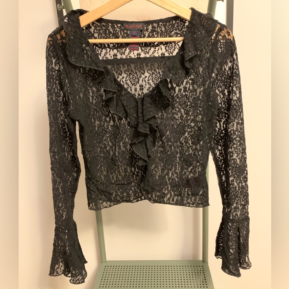Y2K ‘Ralph’ Ralph Lauren crop lace fitted ruffle button top | S